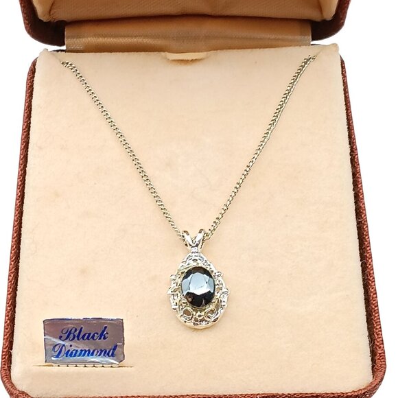 Vintage Black Diamond Pendant Necklace In Original Box - Picture 1 of 4